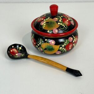 Vintage Russian Wood Khokhloma Hand-Painted Sugar Bowl & Spoon